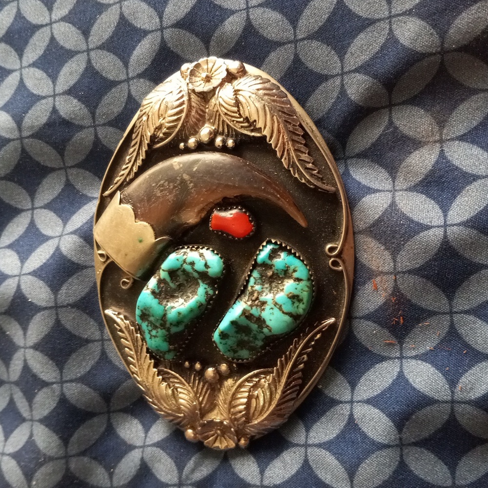 Real turquoise, red coral and bear claw belt buckle